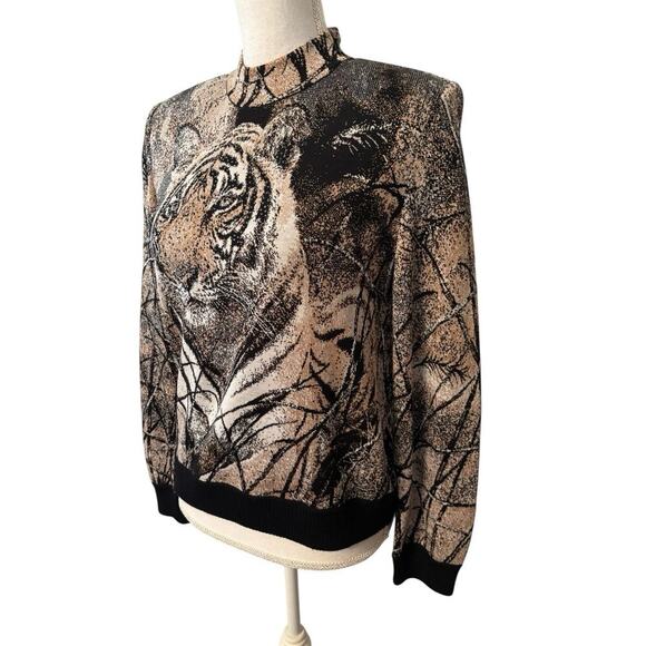 St John by Marie Grey Tiger Bling Sweater Woman S Zip Neck Metalic Bead Vinatge - Picture 4 of 6